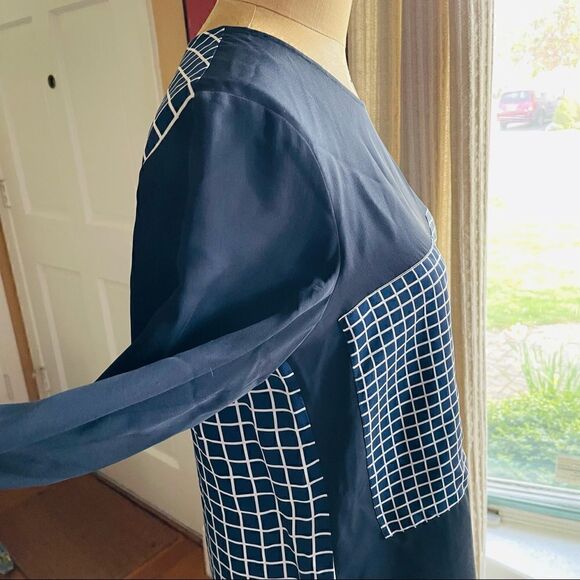 THEORY | navy blue & white square pattern silk blouse S - Picture 5 of 8